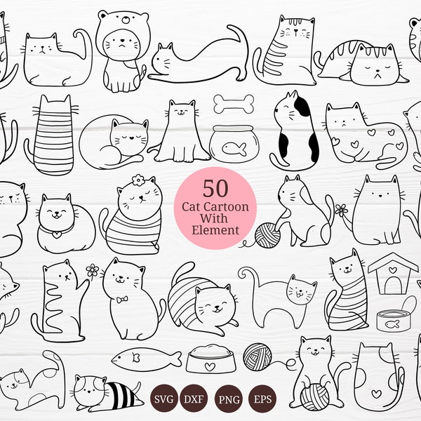 50 Cat Cartoon Bundle SVG For Cut file, animal hand drawn,charector cartoon,cute cat, doodle,for cricut Silhouette,Cameo