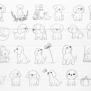 May include: A collection of black and white line art illustrations of puppies in various poses. The puppies are depicted sitting, sleeping, and playing, with some images including flowers, a mailbox, and a swing.