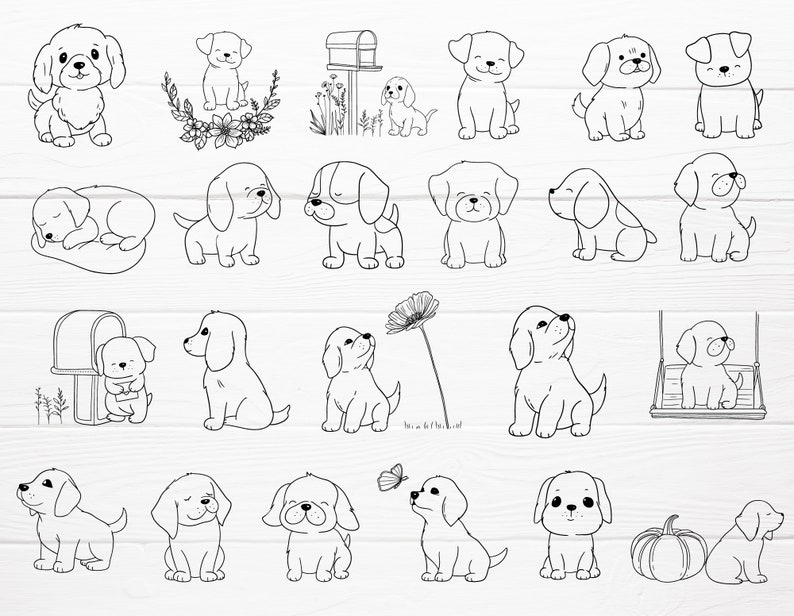 May include: A collection of black and white line art illustrations of puppies in various poses. The puppies are depicted sitting, sleeping, and playing, with some images including flowers, a mailbox, and a swing.