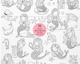 36 mermaid cartoon bundle svg,cut file,Ocean animals fish, shell, clipart SVG For Cut file, animal hand drawn style,svg,png,eps, for cricut