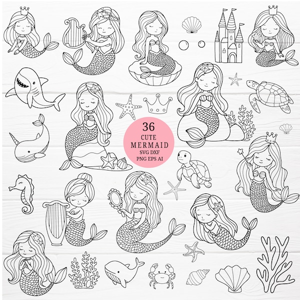 Bundle de dessin animé sirène 36 svg, fichier coupé, poisson animaux marins, coquillage, clipart SVG pour fichier coupé, style animal dessinés à la main, svg, png, eps, pour cricut