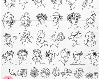 60 Women line art svg bundle flower svg floral line art one line tropical leaves svg boho for logo, hand drawn for cricut Silhouette,Cameo
