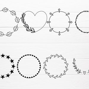 K&ouml;nnte beinhalten: Satz von neun schwarzen und wei&szlig;en Umriss-Kreisrahmen mit verschiedenen Designs, darunter Sterne, Herzen, Bl&auml;tter und Spiralen. Diese Rahmen sind perfekt, um Ihren Projekten einen Hauch von Eleganz zu verleihen.