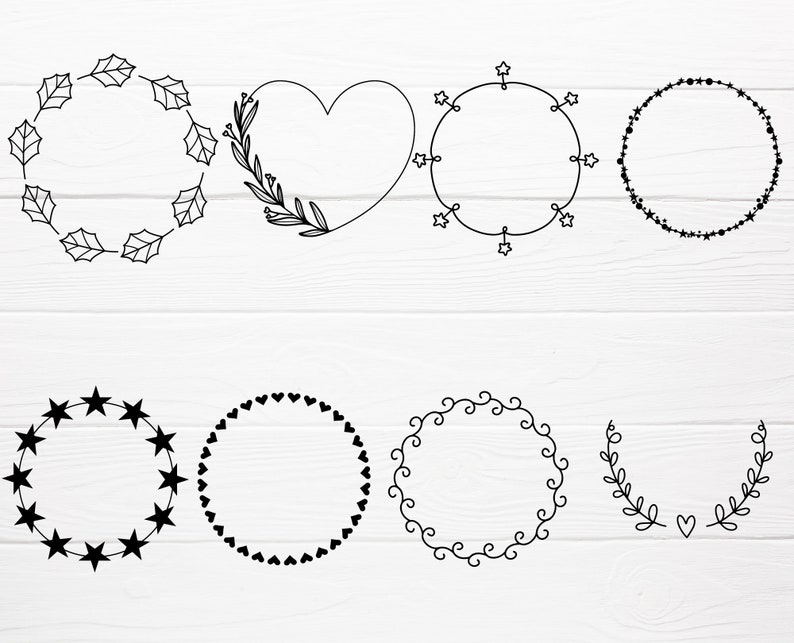 K&ouml;nnte beinhalten: Satz von neun schwarzen und wei&szlig;en Umriss-Kreisrahmen mit verschiedenen Designs, darunter Sterne, Herzen, Bl&auml;tter und Spiralen. Diese Rahmen sind perfekt, um Ihren Projekten einen Hauch von Eleganz zu verleihen.