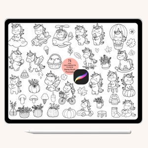 May include: A set of 71 black and white digital stamp brush illustrations of cute unicorns with flowers. The illustrations are perfect for adding a touch of whimsy to your digital art.