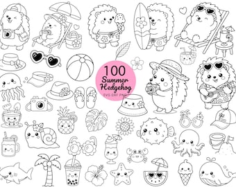 100 Cute Summer Kawaii Hedgehog Cartoon SVG Bundle, Hand Drawn Animal Clipart, Beach Sea Theme, Cricut Files PNG EPS