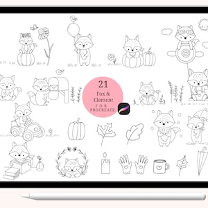 21 Fox Animals Bundle Stamp Procreate, Forest Head Animal Outline, Abstract, Doodle, disegnato a mano, pennello, simpatici animali cartoni animati, animali selvatici