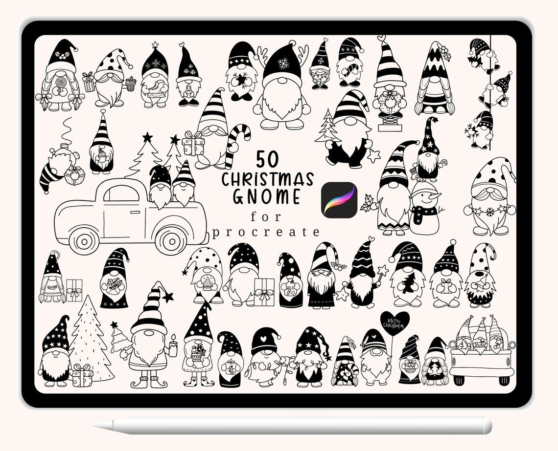 50 Christmas Gnome Procreate Stamps, Gnome Hand Drawn Stamp,christmas ...