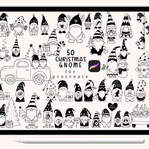 50 Christmas Gnome Procreate Stamps, Gnome Hand Drawn Stamp,Christmas Cartoon, Doodle,Christmas tree stamps ,hand drawn, Brush for Procreate