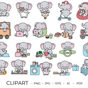 20 Słoń Cartoon Bundle clipart, Kawaii, doodle, ikony, do naklejek Planner .ilustracja wektorowa