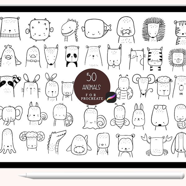 50 Animals Procreate Stamps, Abstract Doodle,hand drawn, Procreate , stamp brush,cute animals cartoon