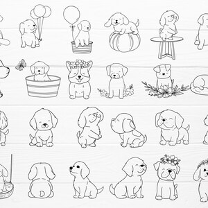 May include: A collection of black and white line art illustrations of various puppies. The puppies are depicted in different poses and settings, including holding balloons, sitting on a pumpkin, and wearing flower crowns. The illustrations are simple and charming.