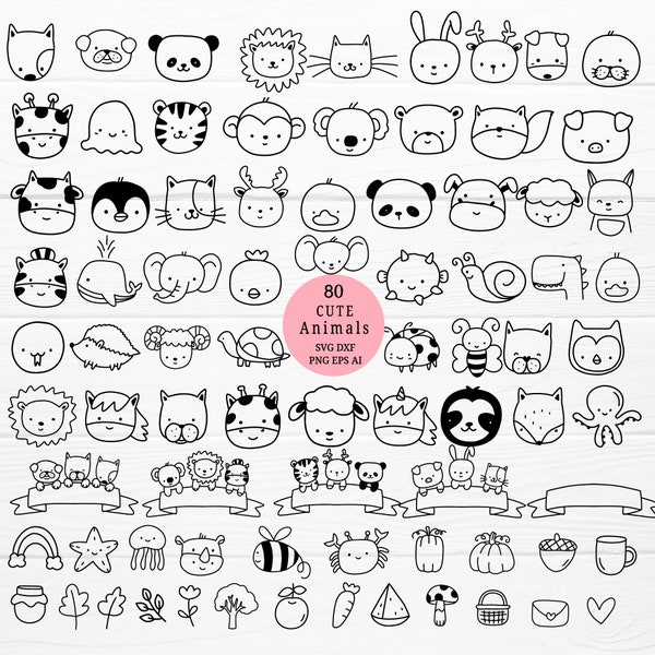 80 Face animal cartoon bundle SVG For Cut File,Animal,wildanimal chien,chat,paresse,singe,cerf,panda clip art, contour, cricut Silhouette,Cameo