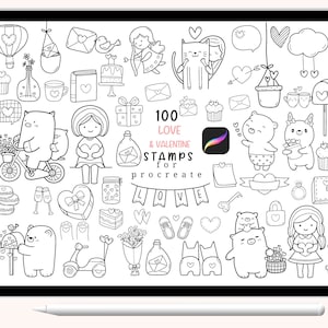 100 Love & Valentine Stamps, love Doodle,cute animal,heart, stamps ,hand drawn, Brush for Procreate