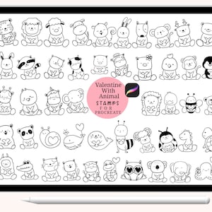 50 Animals with valentine, Procreate Stamps, Abstract Doodle,hand drawn, Procreate ,Love stamp brush,cute animals cartoon