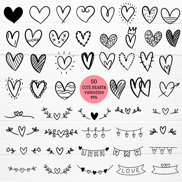 50 Heart Svg Bundle Cut File, Hearts Svg, Valentine Days Svg,Heart Icons, Doodle Svg, Heart for cricut,Heart dxf,