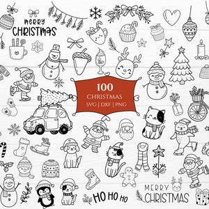 100 クリスマス バンドル SVG カット ファイル、クリスマス ツリー、装飾品、落書き、手描き、漫画、svg、dxf、png、eps、cricut シルエット、カメオ用