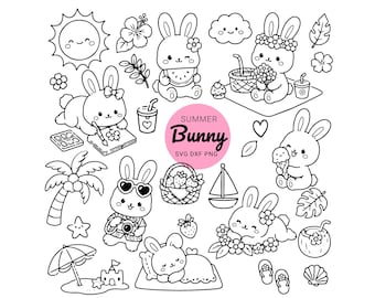 Summer Bunny Cartoon SVG Bundle, Cute Animal Clipart, Flower Heart Design, Hand Drawn Style, Cricut Files