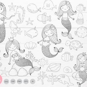 33 mermaid cartoon bundle svg,cut file,Ocean animals fish, shell, clipart SVG For Cut file, animal hand drawn style,svg,png,eps, for cricut