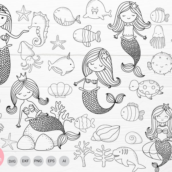 33 Meerjungfrau Cartoon Bundle svg, cut Datei, Ozean Tiere Fisch, Muschel, Clipart SVG für Cut Datei, Tier handgezeichneten Stil, svg, png, für Cricut