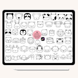 50 Face animal Procreate Stamps, ornaments Doodle, stamps ,cat,dog,sloth,rabbit hand drawn,Brush for Procreate