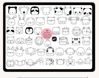 50 Face animal Procreate Stamps, ornaments Doodle, stamps ,cat,dog,sloth,rabbit hand drawn,Brush for Procreate