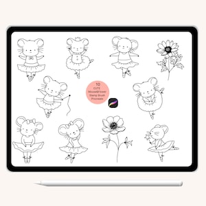 10 Mouse ballerina cartoon animal Stamp Procreate, Flower leaf, leaves, Outline,Doodle,hand drawn,brush,cute animals cartoon