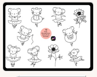 10 Mouse ballerina cartoon animal Stamp Procreate, Flower leaf, leaves, Outline,Doodle,hand drawn,brush,cute animals cartoon