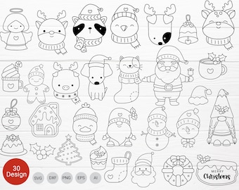 30 Christmas Bundle SVG For Cut File,Animal, Christmas Tree,ornaments Doodle,hand drawn,Cartoon, svg,dxf,png,eps, cricut Silhouette,Cameo
