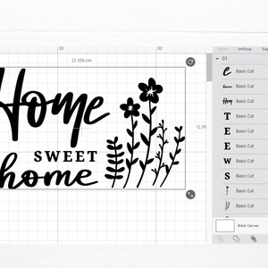 Puede incluir: Un dise&ntilde;o en blanco y negro con la frase "Home Sweet Home" en una fuente de escritura, acompa&ntilde;ado de siluetas florales y de hojas. El dise&ntilde;o mide 21,056 cm de ancho y 12,39 cm de alto.