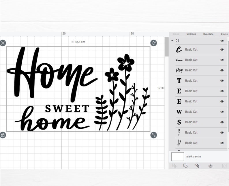Puede incluir: Un dise&ntilde;o en blanco y negro con la frase "Home Sweet Home" en una fuente de escritura, acompa&ntilde;ado de siluetas florales y de hojas. El dise&ntilde;o mide 21,056 cm de ancho y 12,39 cm de alto.