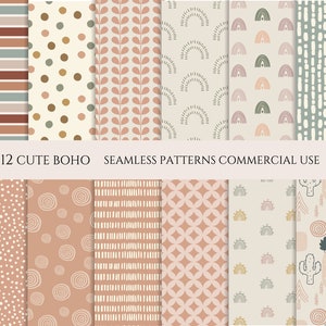 Puede incluir: Doce lindos patrones sin costuras boho en una variedad de colores y diseños, que incluyen rayas, lunares, hojas, arcoíris y formas geométricas. Estos patrones son perfectos para usar en productos digitales y físicos.