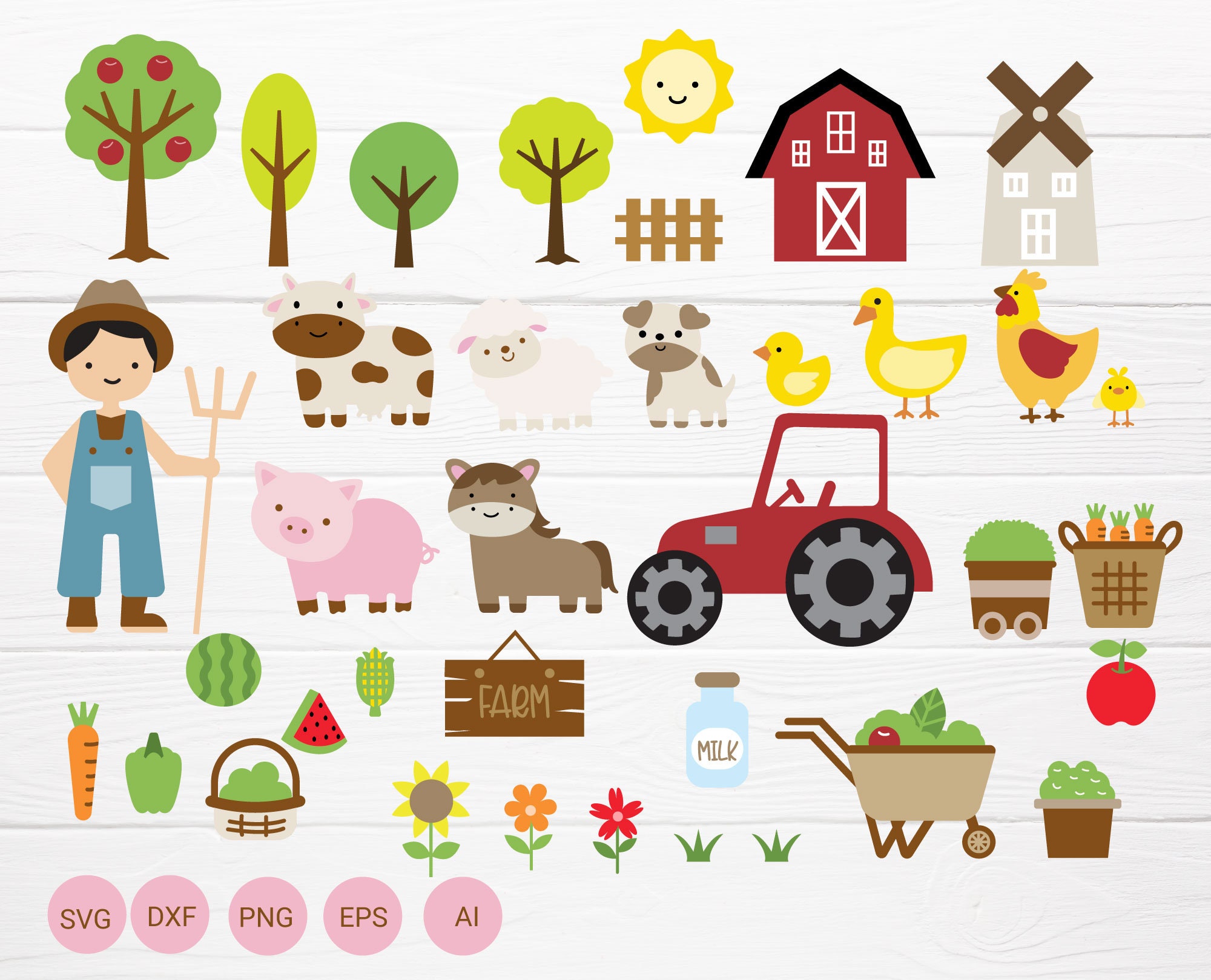 Farm Animals Bundle SVG For Cut File,Farm Animal Coloring ,Clipart ,animal for kid,cow,pig,duck,cartoon hand drawn style,svg,dxf,png,digital