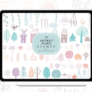 Könnte beinhalten: Eine digitale Illustration von 100 abstrakten Pflanzen-Stempeln für Procreate. Die Stempel sind in verschiedenen Pastellfarben gehalten und zeigen verschiedene Formen und Designs, darunter Bäume, Blätter, Blumen und Häuser.
