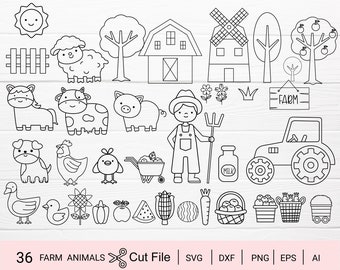 May include: A black and white line drawing of a farm scene with animals, a barn, a tractor, a farmer, and other farm-related objects. The text "FARM" is included in the image.