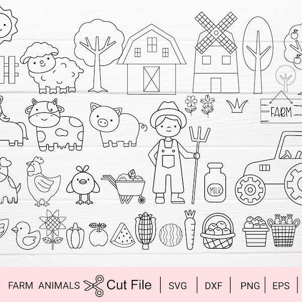 Boerderijdieren Bundel SVG voor Cut File, Farm Animal Coloring, Clipart, dier voor kind, koe, varken, eend, cartoon handgetekende stijl, svg, dxf, png, digitaal