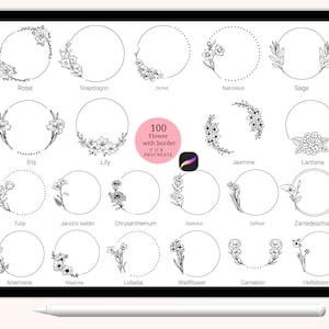 100 Wreath Flower Procreate Stamps brush  Brush set Abstract Doodle,hand drawn,Floral,flower  leaves, border for Procreate