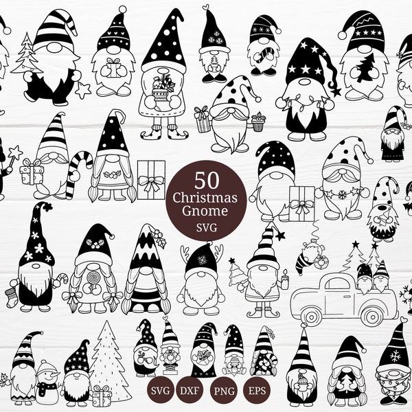 50 Christmas Gnome Bundle SVG pour Cut File,Christmas Doodle, dessiné à la main,Cartoon, svg,dxf,png,eps, pour cricut Silhouette,Cameo