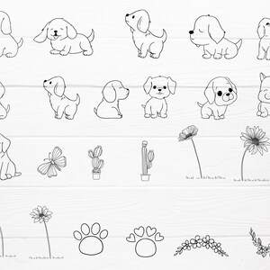 May include: A collection of black and white line art illustrations. The image features various drawings of puppies, flowers, a butterfly, cacti, paw prints, and floral arrangements. The illustrations are simple and suitable for various design projects.