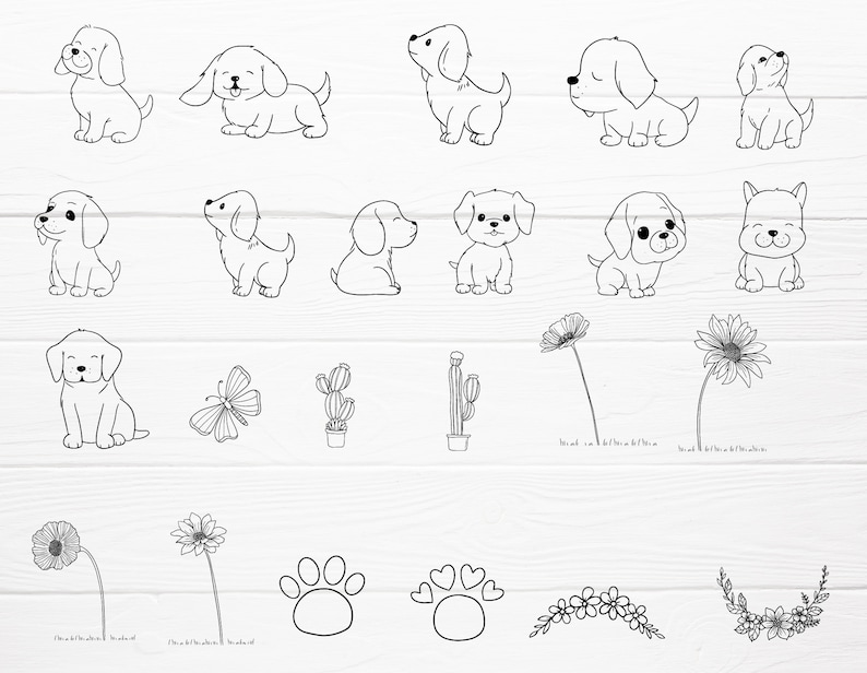 May include: A collection of black and white line art illustrations. The image features various drawings of puppies, flowers, a butterfly, cacti, paw prints, and floral arrangements. The illustrations are simple and suitable for various design projects.