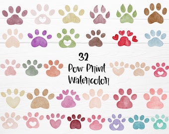 32 Watercolor Paw Clipart Bundle, Dog Paw Cat Paw, Puppy