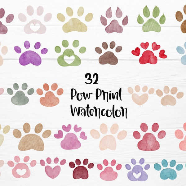 32 Watercolor Paw Clipart Bundle, Dog Paw Cat Paw, Puppy