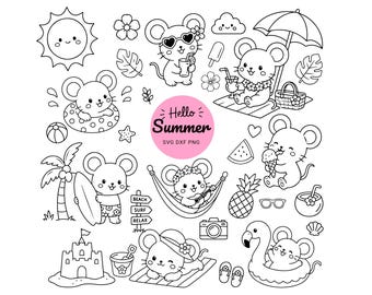 Summer Mouse Cartoon SVG Bundle, Hand Drawn Animal Clipart, Flower Heart Design, Cricut Cut Files, PNG EPS Digital Download