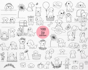 May include: A collection of 100 black and white dog illustrations. The drawings depict various dog breeds and elements, including flowers, balloons, and a mailbox. The illustrations are in a simple line art style, suitable for digital art or crafting projects.