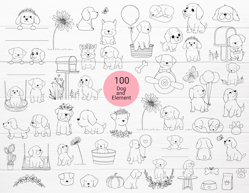 May include: A collection of 100 black and white dog illustrations. The drawings depict various dog breeds and elements, including flowers, balloons, and a mailbox. The illustrations are in a simple line art style, suitable for digital art or crafting projects.