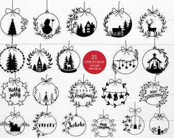 May include: A set of 21 black and white Christmas ornament SVG cut files. The ornaments feature various Christmas themes, including a snowman, a house, a deer, a nativity scene, a Christmas tree, and the words "Merry Christmas" and "Holly Jolly".
