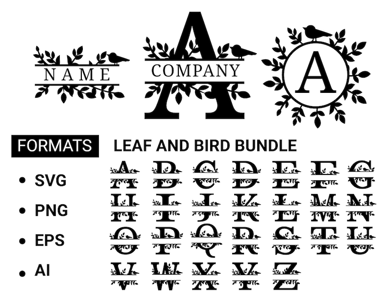 ai eps,Cut File for Cricut and Silhouette png Leaf and bird Monogram font svg