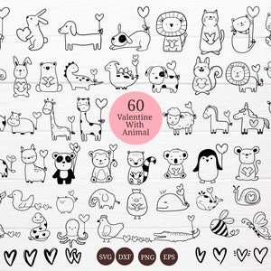 60 Animals With Valentine Bundle SVG For Cut file, animal hand drawn,love sv,style,svg,dxf,png,eps, for cricut Silhouette,Cameo image 1