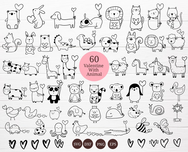 60 Animals With Valentine Bundle SVG For Cut file, animal hand drawn,love sv,style,svg,dxf,png,eps, for cricut Silhouette,Cameo image 1