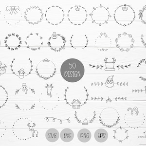 Paquete de 50 coronas navideñas svg, borde, flores para archivo de corte, santa, garabato, feliz navidad, dibujado, svg, dxf, png, eps, para cricut Silhouette, Cameo